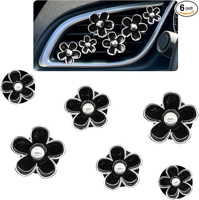 6pcs Flower Car Air Freshener Vent Clips,Girly Daisy Car Accessorie for Women,3 Sizes Sparkle Black Silver Flowers Vent Clips
