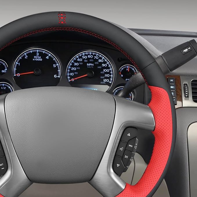 MEWANT Hand Stitch Steering Wheel Cover for Chevy Silverado 1500 Avalanche Suburban Black Red Faux Leather Steering Wrap
