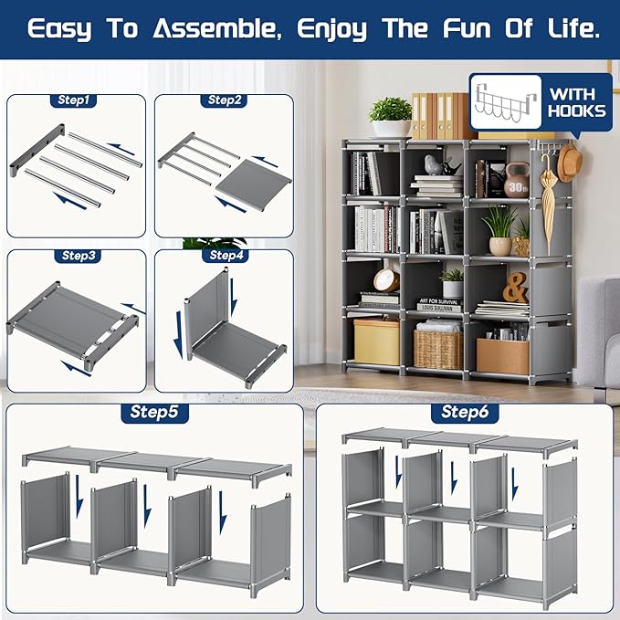 Mavivegue Book Shelf, 12 Cube Storage Organizer, DIY Bookcase, Metal Cube Bookshelf, Cubbies Closet Storage Organizer Shelves