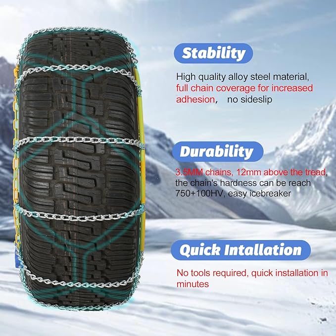 Auto Fixing Snow Chains, 2 x 12 mm, 30s Quick Installation of Tire Chains with Automatic Tensioner, Universal Emergency Tire 