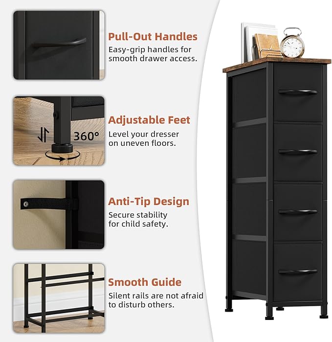 Somdot Narrow Dresser with 4 Drawers, Slim Storage Chest of Drawers with Removable Fabric Drawers for Closet Small Spaces Bat