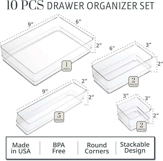 STORi SimpleSort 10-Piece Stackable Clear Drawer Organizer Set | Multi-size Trays | Makeup Vanity Storage Bins and Office Des
