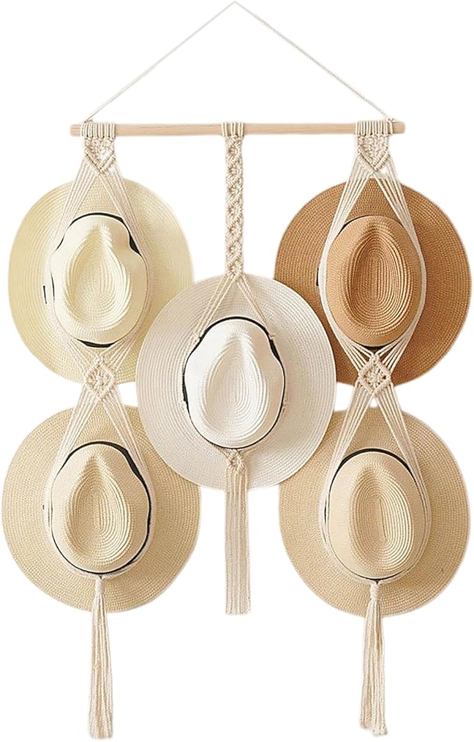 Tissting Macrame Hat Hangers Boho Hat Rack for Wall Hat Holder Display Organizer Bobo Hanging Hat Organizer Storage for Wide 