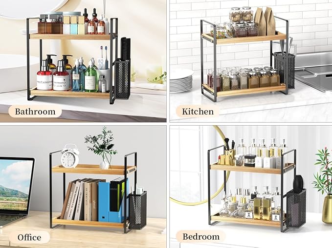 LEMIKKLE 2-Tier Wood Bathroom Counter Organizer with Basket,Waterproof Vanity Perfume Skincare Storage for Bathroom, Kitchen,