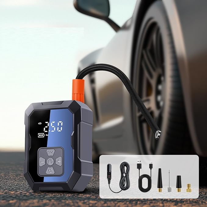 Tire Inflator, 2-in-1 power option Portable Air Compressor, Tire Air pump up to 150 Psi, Auto Shut-Off, Pressure Gauge, Emergency LED light for Car Bike SUV Tires