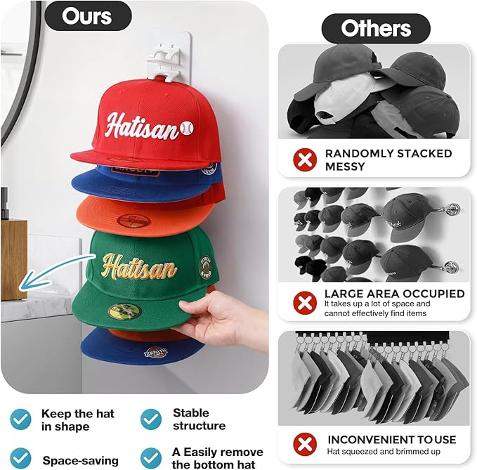 2 Pack Hat Organizer for Baseball Caps, Detachable DIY Hat Rack for Wall Hat Holder Hold up to 22 Hats, Baseball Cap Organize