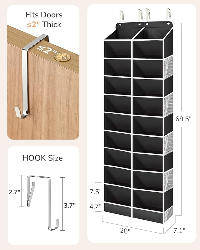 ULG Over The Door Shoe Organizer for Closet Fit 24-32 Pairs with Large Deep Pockets, Narrow Shoe Rack for Door Hanging Boots 