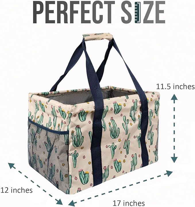 Extra Large Utility Tote Bag - Oversized Collapsible Tote with Wire Frame, Durable Reusable for Beach, Groceries, Laundry, Car Trunk, Storage and Travel - Includes 5x7 Bag with Hook - Cactus