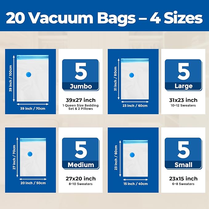 ETENWOLF 20 Pack Vacuum Storage Bags, Vacuum Seal Bags for Clothes and Travel, Space Saver Bags in Multiple Carry-On Sizes, P