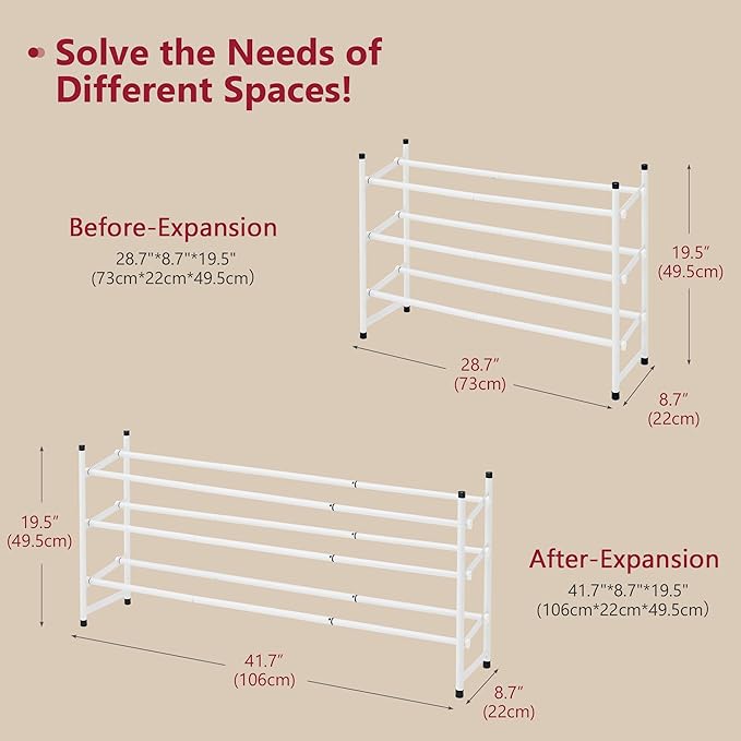 Tajsoon Expandable Shoe Rack for Closet 3 Tier, 28“-41“Adjustable & Stackable Shoe Shelf Storage, Metal Shoe Rack Organizer f