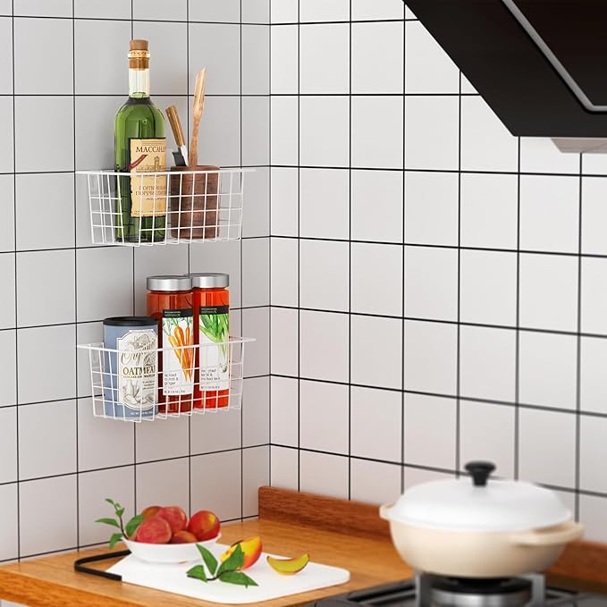 MaraFansie Hanging Kitchen Baskets Wire Storage Basket Adhesive and Screws Basket Over the Cabinet Door Organizer with Adhesi