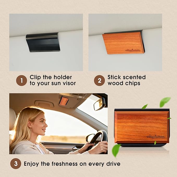 Car Air Freshener - 3 Pack (Amber-Teak-Pine) Wooden Air Freshener, Natural Essential Oil Scents - Metal Clip Included