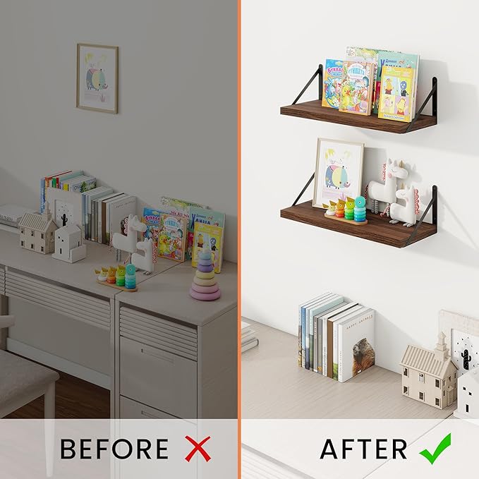 Shelves for Wall, Floating Bookshelves with Brackets, 16 inch Floating Shelves Set of 3, Wall Shelf for Kitchen, Bathroom, Be