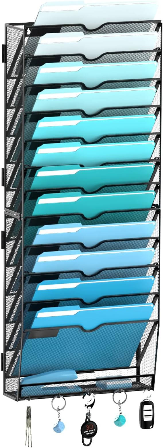 13 Tier Wall File Organizer - Hanging File Organizer with 5 Hooks, Mail Holder Wall Mounted for Papers, Folders, Magazines, B