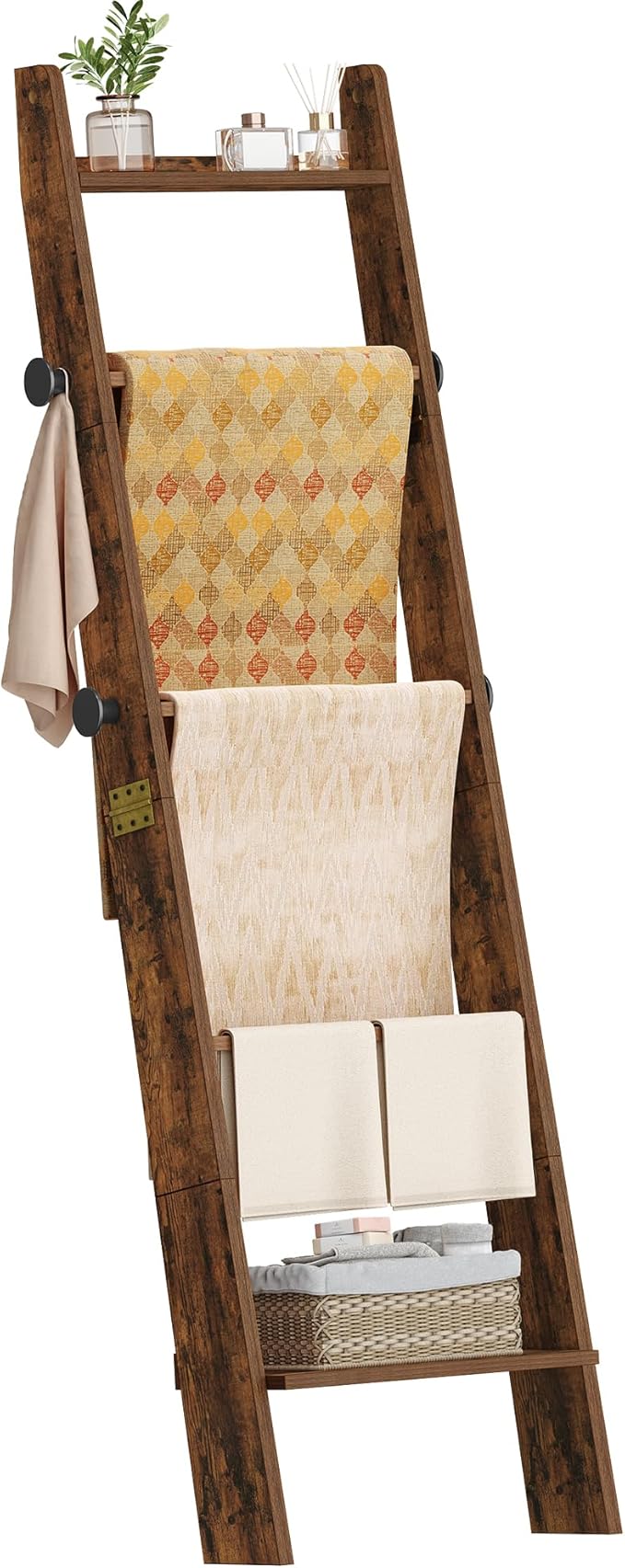 Hzuaneri Blanket Ladder for Living Room, Decorative Quilt Rack with 4 Removable Hooks, 5-Tier Blanket Ladder Shelf for Bedroo