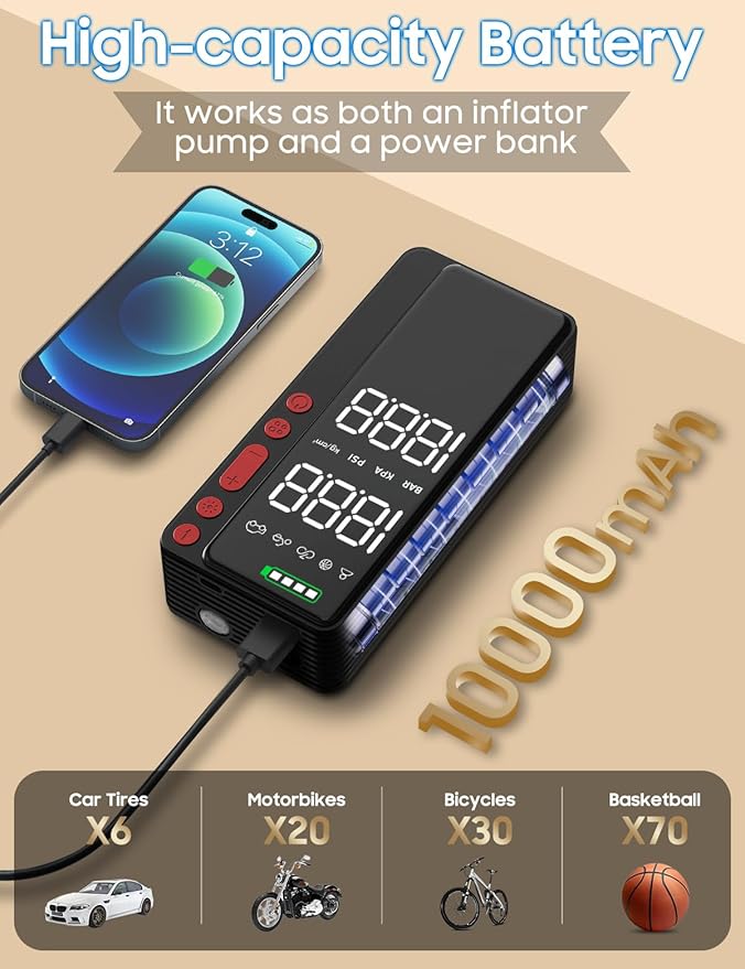 Smart Tire Inflator Portable Air Compressor, APP Control Air Pump For Car Tires, 10000mAh, 4X Faster 150PSI Bike Pump with All-in-One Storage, LED Light & Auto Shut-Off for Motorcycles