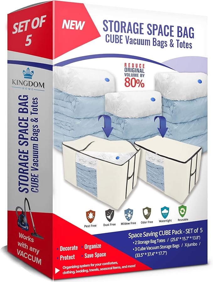 Cube Vacuum Storage Bags, Space Saver Bags, Decorative Totes with Cubic Vacuum Compression Seal Bags for Clothing & Bedding. 