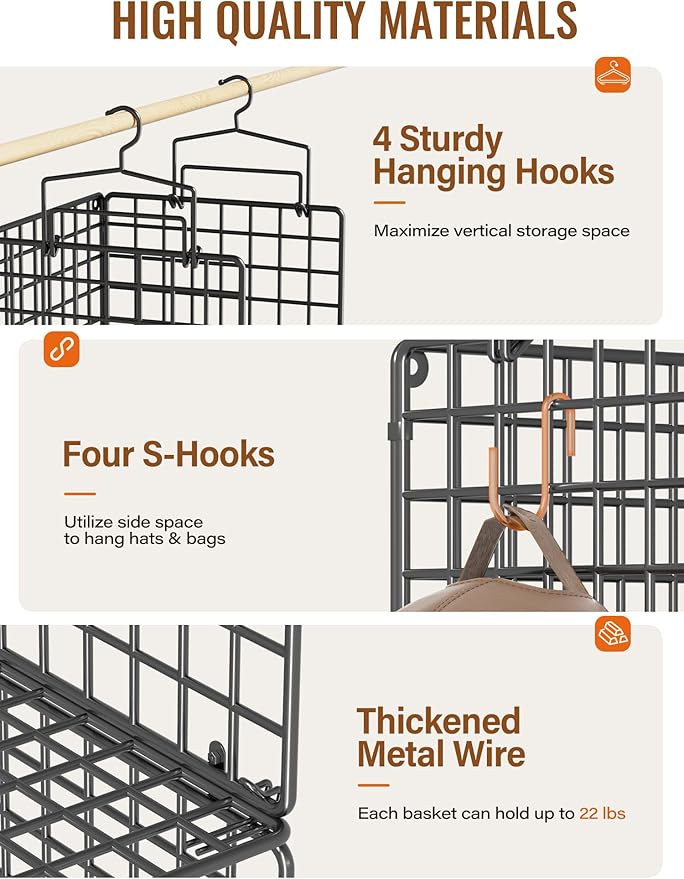 6 Tier Closet Hanging Organizer, Metal Closet Organizers and Storage with 4 Hanging Hooks 4 S-Hooks for Wardrobe Laundry Room