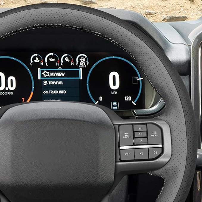 MEWANT Hand Stitch Black Grey Artificial Leather Steering Wheel Cover for Ford F150 Lightning F350 2024 Expedition