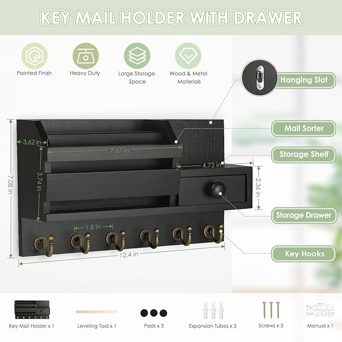 VIS'V Key Holder Wall Mount, Wooden Mail and Key Organizer with Drawer and Shelf, 2 Slots, 6 Hooks, Black