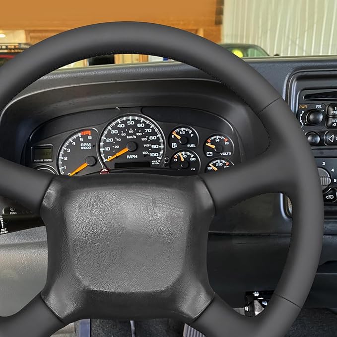 MEWANT DIY Black Smooth Genuine Leather Steering Wheel Cover for Chevy Silverado 1500 Astro Blazer C/K Kodiak S10 Tahoe