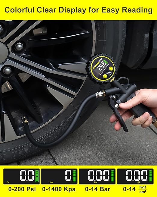 Atsafepro Digital Tire Pressure Gauge with Inflator, 0-200 PSI, 2.5" Screen, ±1% High Accuracy, Auto Shut-Off, Rubber Hose & 1/4" NPT Quick Connect Plug & Locking Air Chuck for Cars, Motors, Bikes
