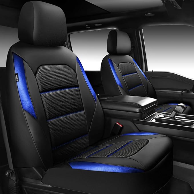 CAR PASS Memory Foam Leather Seat Covers,Air Cool Mesh Thick Car Seat Covers Front Seats Blue Leather Seat Covers for Cars Un