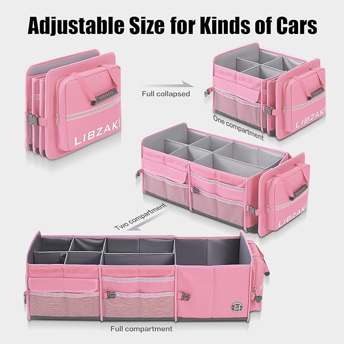 LIBZAKI Oversize 4 in 1 Car Trunk Storage Organizer, Multi Compartment Collapsible Trunk Storage Box with Cooler Bag for Car