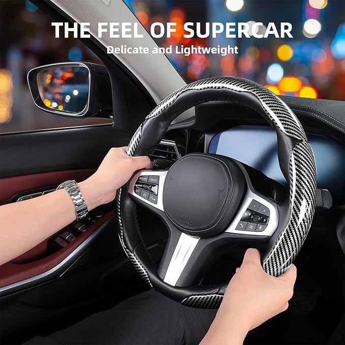 Car Steering Wheel Cover, 3 Piece Bright Carbon Fiber Steering Wheel Covers, Non-Slip Steering Wheel Cover Protector, Great Grip, Universal Car Accessories Decoration for 14.5-15 inch (Silver)