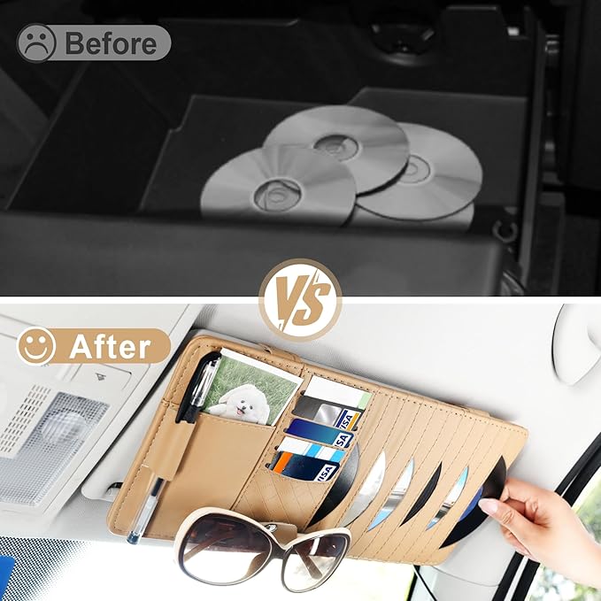 alpmosn Sun Visor CD Case Holder for Car - Multi-Function Visor Organizer with CD/DVD Storage, Eyeglass Clip, Card Slots & Pen Holder, Durable Leather Car Accessories (Beige)