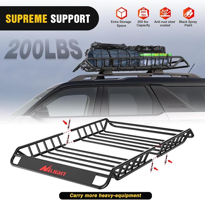 Nilight 51" X 36" X 5" Universal Roof Rack Cargo Basket Heavy-Duty 200LBS Capacity Rooftop Cargo Carrier Luggage Holder & Soft Waterproof|Cargo Bag|Net|Ratchet Straps for SUV Truck Vehicle