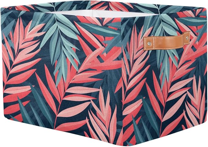 Tropical Palm Leaf Floral Storage Basket Collapsible Cloth Storage Cube Basket Bins Organizer with Handles Rectangular Large 
