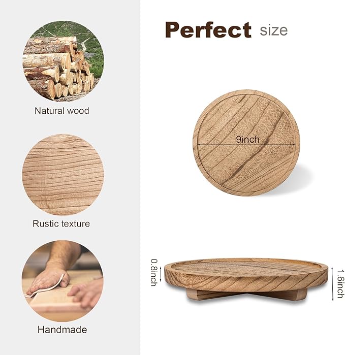 Round Decorative Tray Wood Bathroom Counter Organizer Farmhouse Kitchen Decor Wooden Riser for Soap Dish, Perfume, Candle, Sp