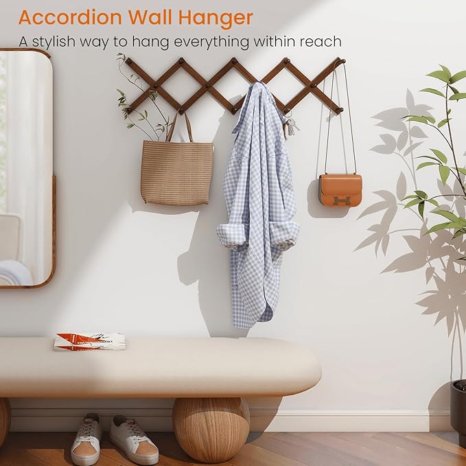 Homode Accordion Wall Hanger, Hat Rack for Wall, Wood Expandable Coat Rack, Vintage Accordian Peg Hooks Purse Organizer for H