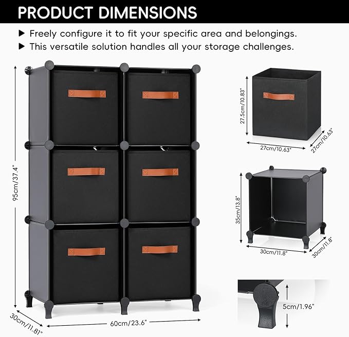 Cube Storage Organizer with Storage Bins, 6-Cube Shelves Units with 6 Organizer Bins, DIY Plastic Storage Shelves with Mallet