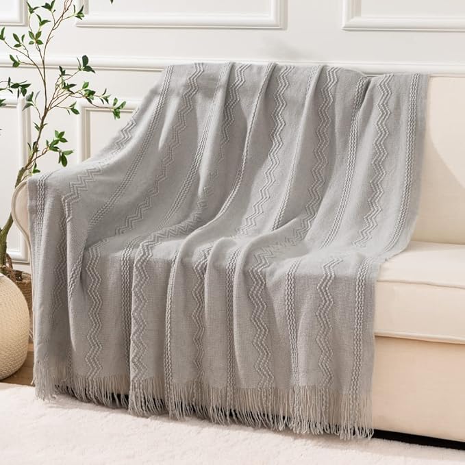 BATTILO HOME Light Grey Throw Blanket for Couch, Geometric Grey Bed Throws Decorative Boho Blanket for Sofa Living Room, 50"x