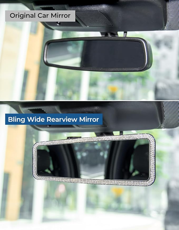JOYTUTUS Rear View Mirror, Universal 11.81 Inch Panoramic Rearview Accessories with Bling Rhinestones Crystal Diamonds Edge, Interior Clip-on Wide Angle Rear View Mirror -White
