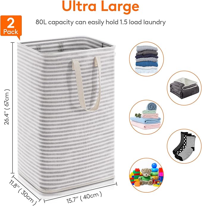 Lifewit 2 Pack Laundry Basket 80L Each, Collapsible Clothes Hamper with Reinforced Handles, Freestanding Waterproof Design fo