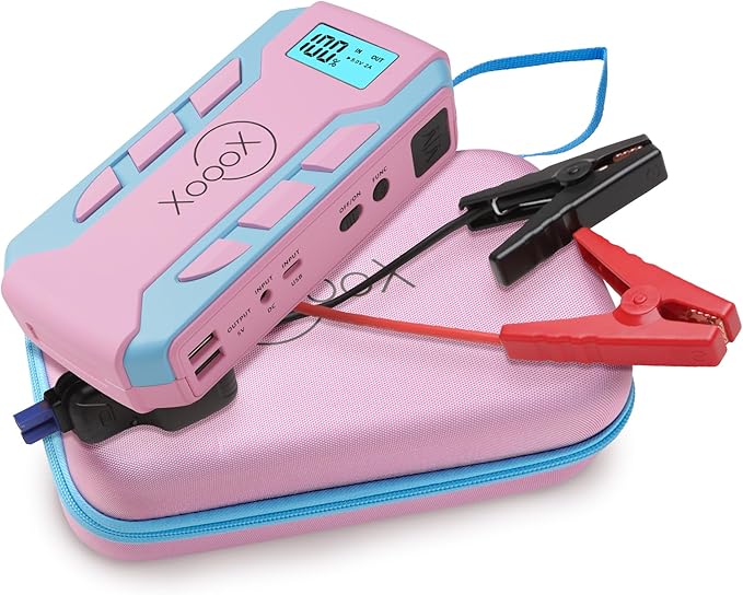 XoooX Pink Portable Car Battery Jump Starter Kit with Jumper Cables, LED Light and Case; 12V Jump Start Battery Pack; Portable Battery Charger for USB/USB-C Devices