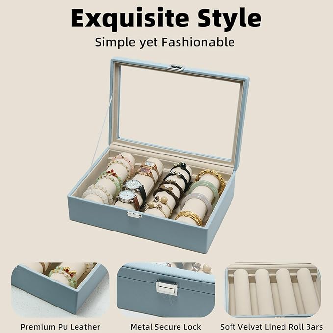 Bracelets Organizer Rods Bangles Display Holder, Clear See through Lid Leather Velvet Jewelry Storage Box Case for Women, 4 R