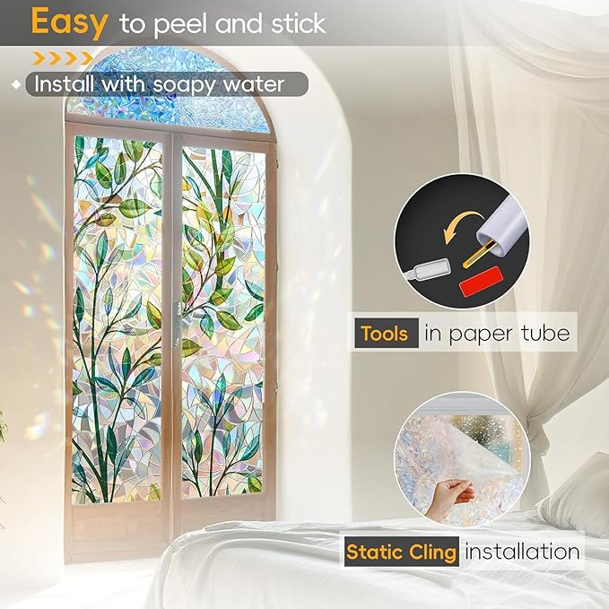 Rainbow Privacy Film with Cutting Line, 3D Decals Stained Glass Window Clings, Static Cling Window Sticker, Suncatcher - 35.4" x 157.4"