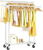 HYSEYY Double Rods Clothes Rack, Rolling Clothing Rack for Hanging Clothes Portable Wardrobe Rack, Metal Garment Rack Sturdy 
