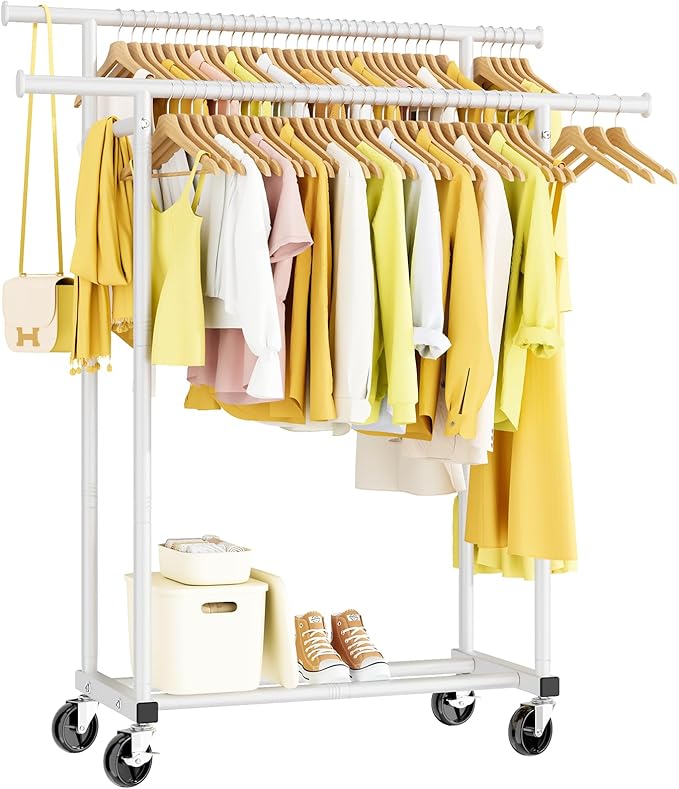 HYSEYY Double Rods Clothes Rack, Rolling Clothing Rack for Hanging Clothes Portable Wardrobe Rack, Metal Garment Rack Sturdy 