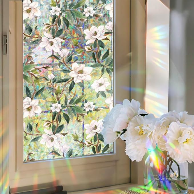 JOONOR Retro Gardenia Flowers Window Privacy Film,Gardenia Stained Glass Window Tint for Home,3D Rainbow Static Cling Sticker for Bathroom Living Room Glass Door,16.93 x 39.37 Inch