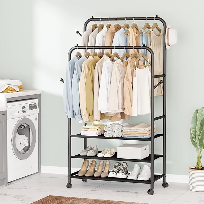 Furologee Clothes Racks for Hanging Clothes, Double Rods Clothing Rack with 3-Tier Storage Shelves, Rolling Garment Wardrobe 