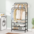 Furologee Clothes Racks for Hanging Clothes, Double Rods Clothing Rack with 3-Tier Storage Shelves, Rolling Garment Wardrobe 