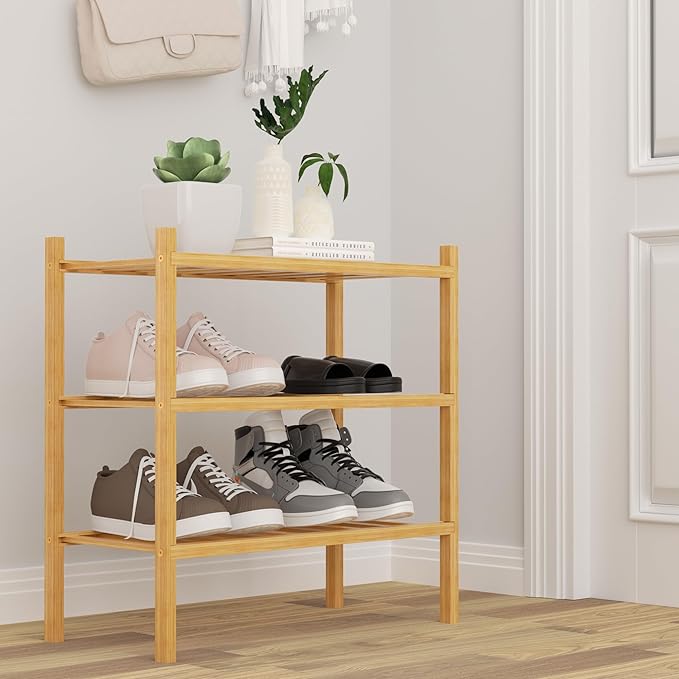 ROMGUAR CRAFT 3-Tier Bamboo Small Shoe Rack, Free Standing Wood Shoe Shelf Storage Organizer for Closet Entryway Stackable (N