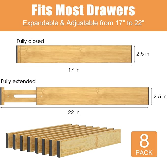 Bamboo Drawer Dividers,17-22" Adjustable Kitchen Drawer Organizer for Clothes,8 Pack Expandable Drawer Organization Separator