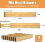 Bamboo Drawer Dividers,17-22" Adjustable Kitchen Drawer Organizer for Clothes,8 Pack Expandable Drawer Organization Separator