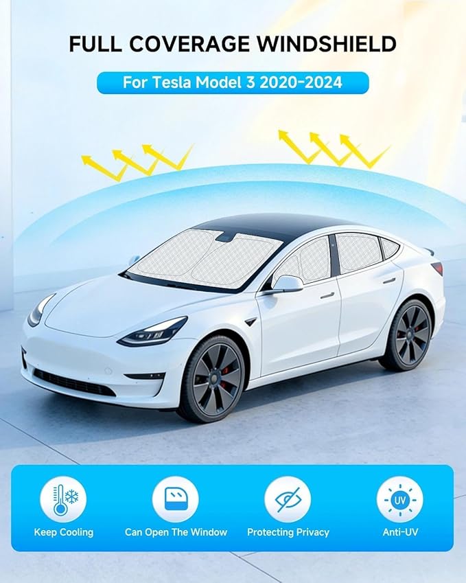 Double Layer Windshield Sunshade- Full Set Front Rear Side Window Sun Shade Cover Sun Visor Window Shade for CampingBaby Privacy Protection (for Tesla, for Model 3 (2017-2025))